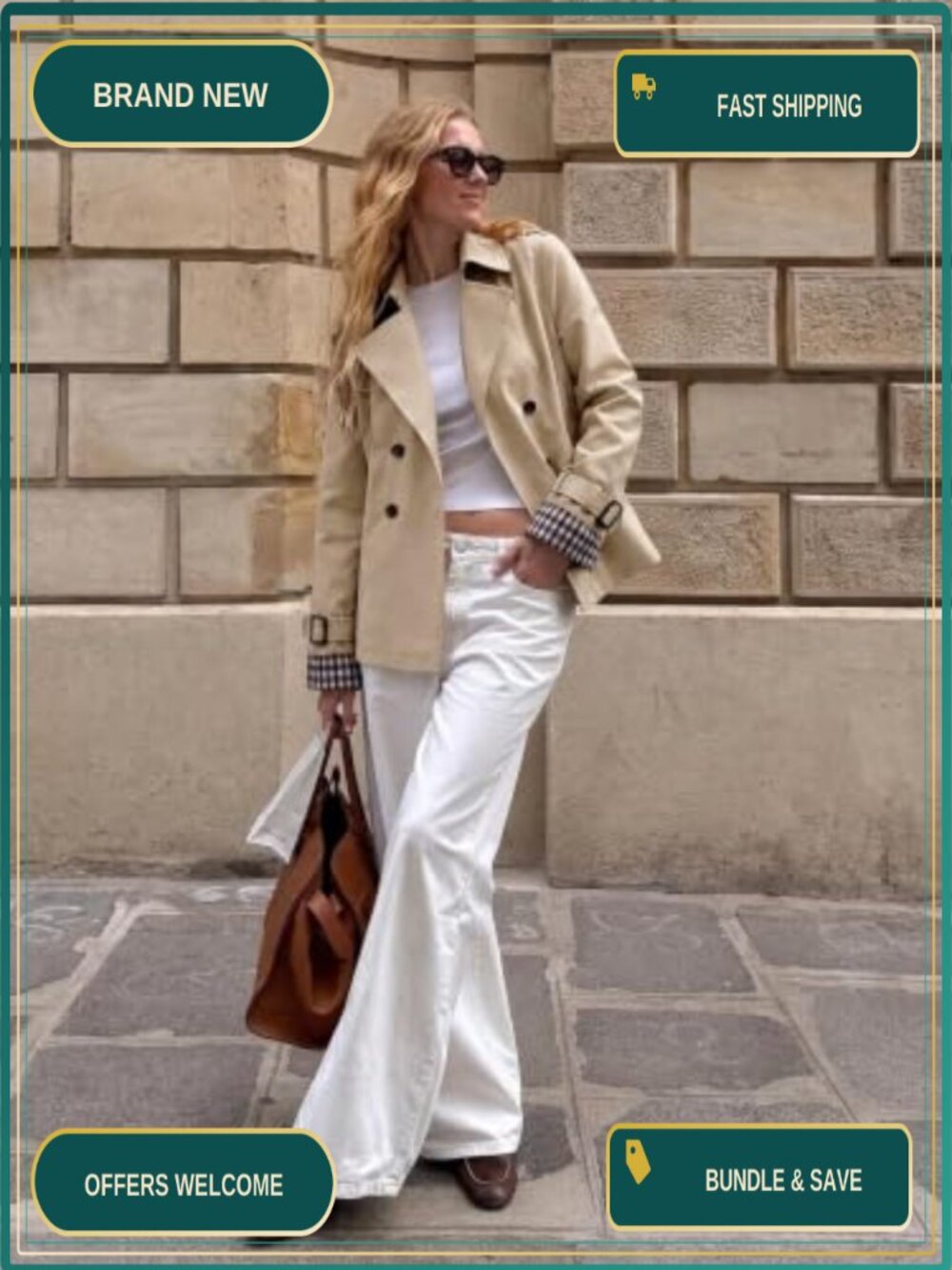 Oversized Cropped Trench Coat Double Breasted 100% Polyester Jacket - Picture 3 of 6
